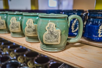 Sunset Hill Stoneware mug in Seafoam with the phrase "No Fimble-Famble."