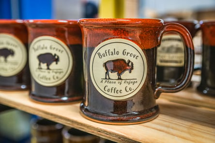 Sunset Hill Stoneware mugs for Buffalo Grove Coffee Co. in Autumn Fire